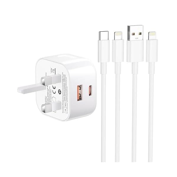 iPhone Charger Fast Charge, 20W USB C Fast Charger Plug for iPhone14/14 Pro/14 Pro Max/13/12/11/X/XS/XR/8/7/SE, iPhone Fast Charger Plug and 2x Lightning Cables UK Type C Wall Charger Power Adapter