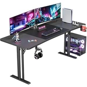 DLONGONE Gaming Desk 160 × 70 cm, Home Office Gamer Desk, Computer Table with Large Carbon Fiber Desktop, Ergonomic Office Workstation with Mouse Pad, Cup Holder & Headphone Hook, Black