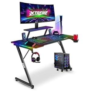 RGB 120 x 60cm Carbon Fibre Effect Gaming Desk with LED Lights Z Frame Compact PC Computer Gaming Desk with Monitor Screen Stand, Desktop Tower Stand Trolley, Cable Management 120cm x 60cm Black